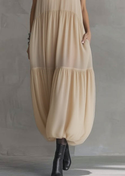 Simple Apricot Peter Pan Collar Wrinkled Solid Chiffon Maxi Dresses Summer