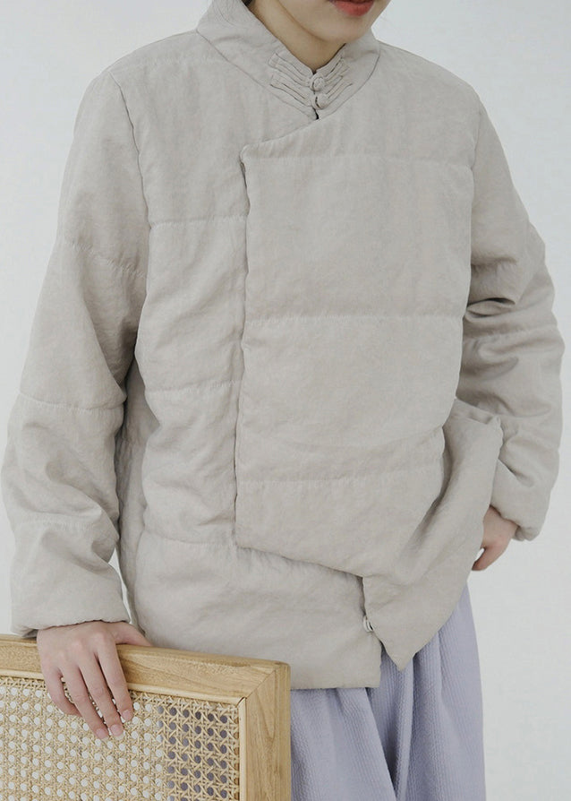 Simple Apricot Stand Collar Button Pockets Fine Cotton Coats Winter