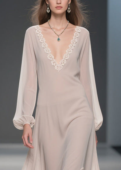 Simple Apricot V Neck Lace Side Open Chiffon Long Dresses Spring