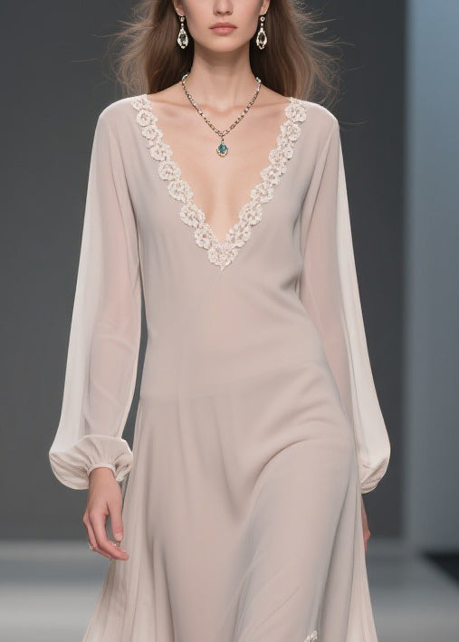 Simple Apricot V Neck Lace Side Open Chiffon Long Dresses Spring