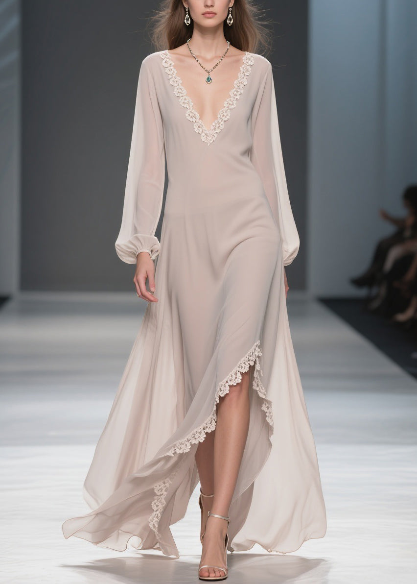 Simple Apricot V Neck Lace Side Open Chiffon Long Dresses Spring