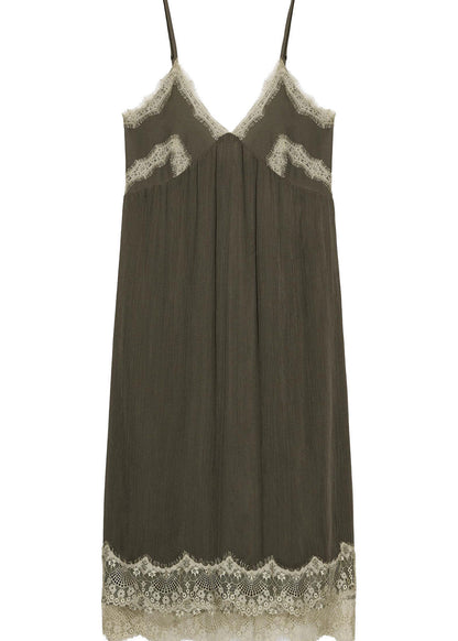 Simple Army Green V Neck Patchwork Lace Spaghetti Strap Dress Summer
