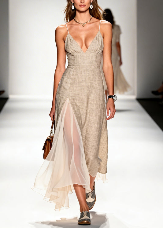 Simple Beige Asymmetrical Patchwork Linen Mini Dress Summer