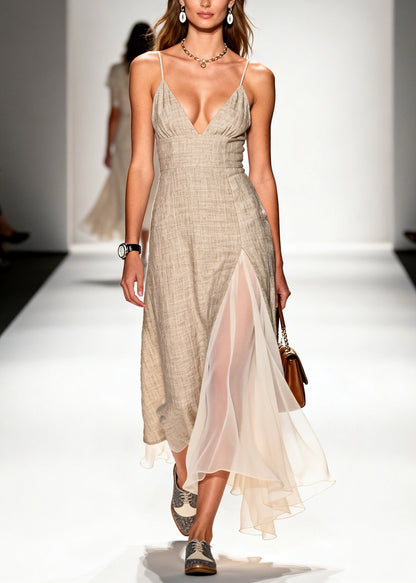 Simple Beige Asymmetrical Patchwork Linen Mini Dress Summer