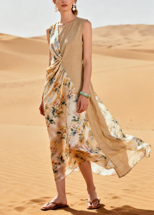 Simple Beige Asymmetrical Patchwork Linen Silk Dresses Summer