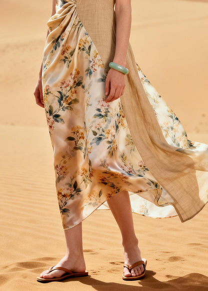 Simple Beige Asymmetrical Patchwork Linen Silk Dresses Summer