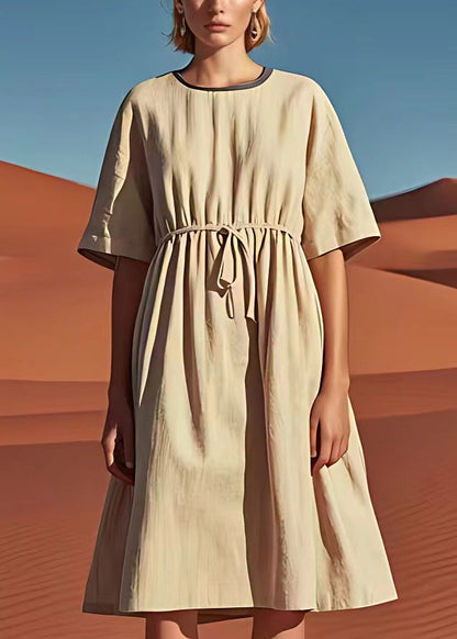 Simple Beige O Neck Drawstring Linen Mid Dress Summer