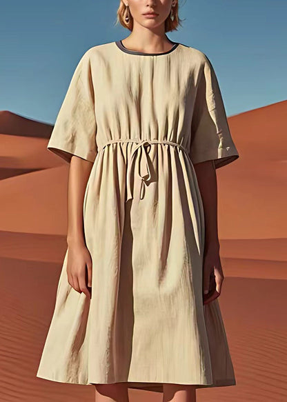 Simple Beige O Neck Drawstring Linen Mid Dress Summer