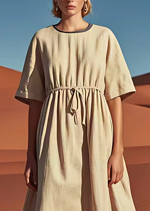 Simple Beige O Neck Drawstring Linen Mid Dress Summer
