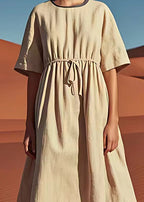 Simple Beige O Neck Drawstring Linen Mid Dress Summer