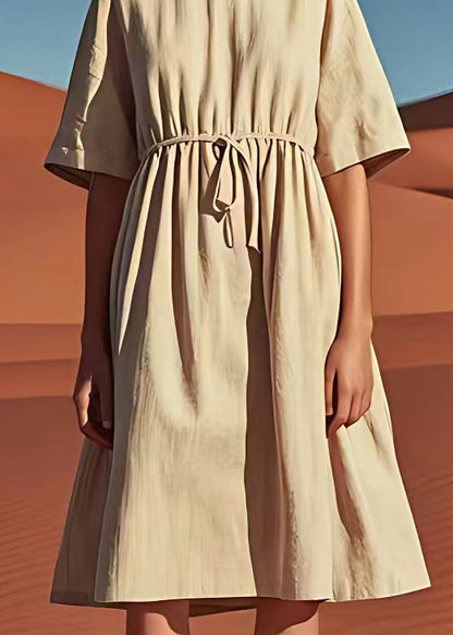 Simple Beige O Neck Drawstring Linen Mid Dress Summer