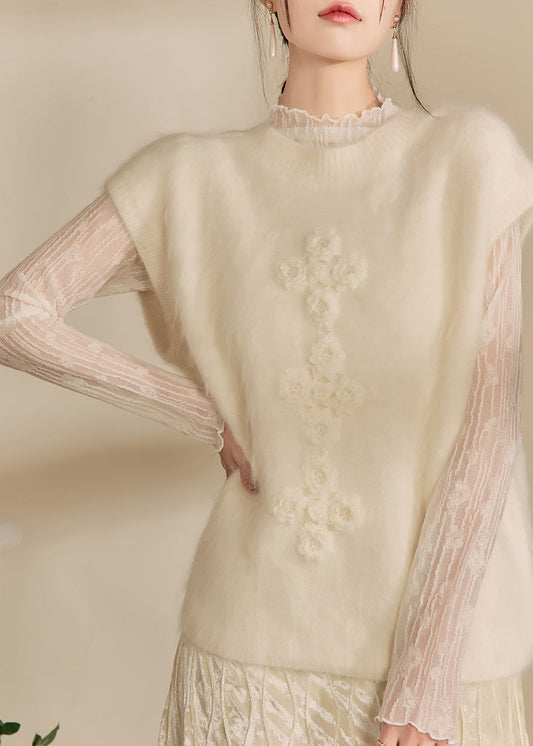 Simple Beige O-Neck Floral Cozy Cotton Knit Waistcoat Spring