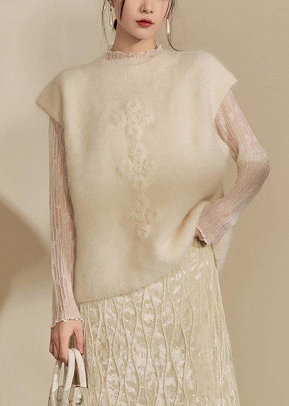 Simple Beige O-Neck Floral Cozy Cotton Knit Waistcoat Spring