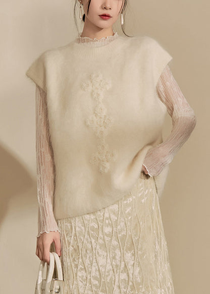 Simple Beige O-Neck Floral Cozy Cotton Knit Waistcoat Spring