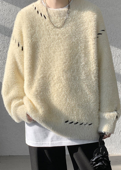 Simple Beige O Neck Solid Mink Hair Knitted Men Sweater Winter