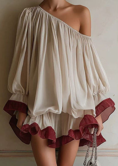 Simple Beige One Shoulder Ruffled Chiffon Mini Dress Puff Sleeve