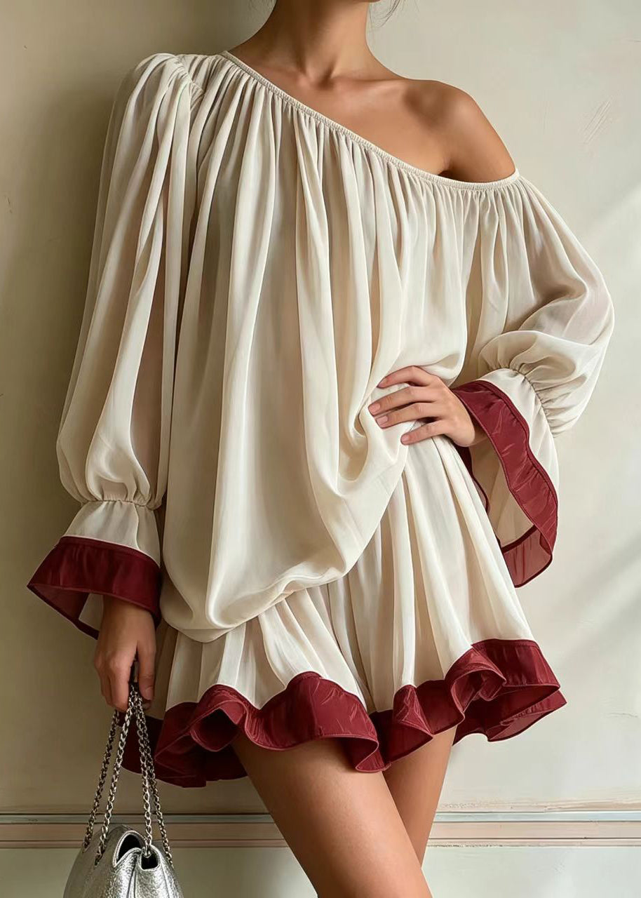 Simple Beige One Shoulder Ruffled Chiffon Mini Dress Puff Sleeve