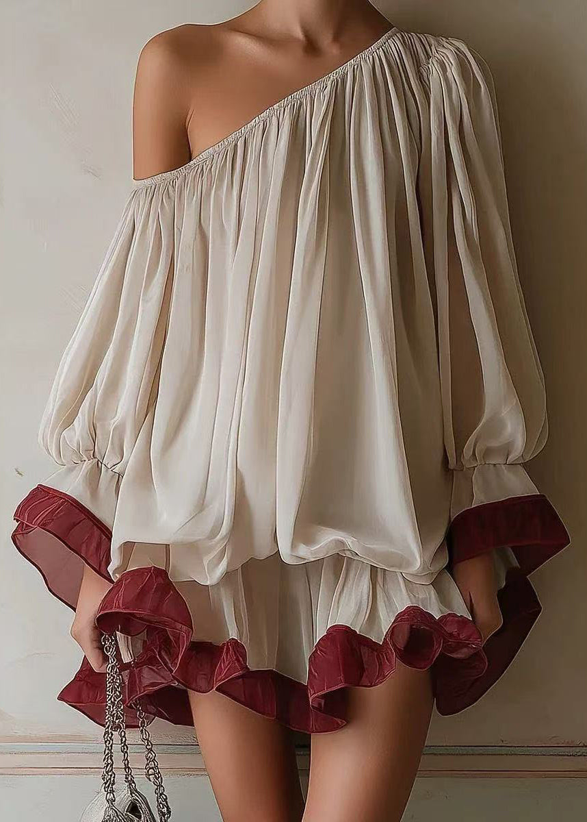 Simple Beige One Shoulder Ruffled Chiffon Mini Dress Puff Sleeve