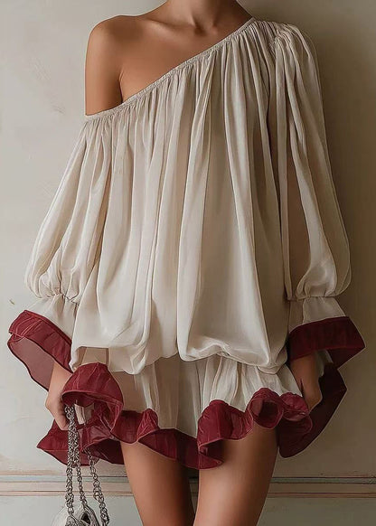 Simple Beige One Shoulder Ruffled Chiffon Mini Dress Puff Sleeve