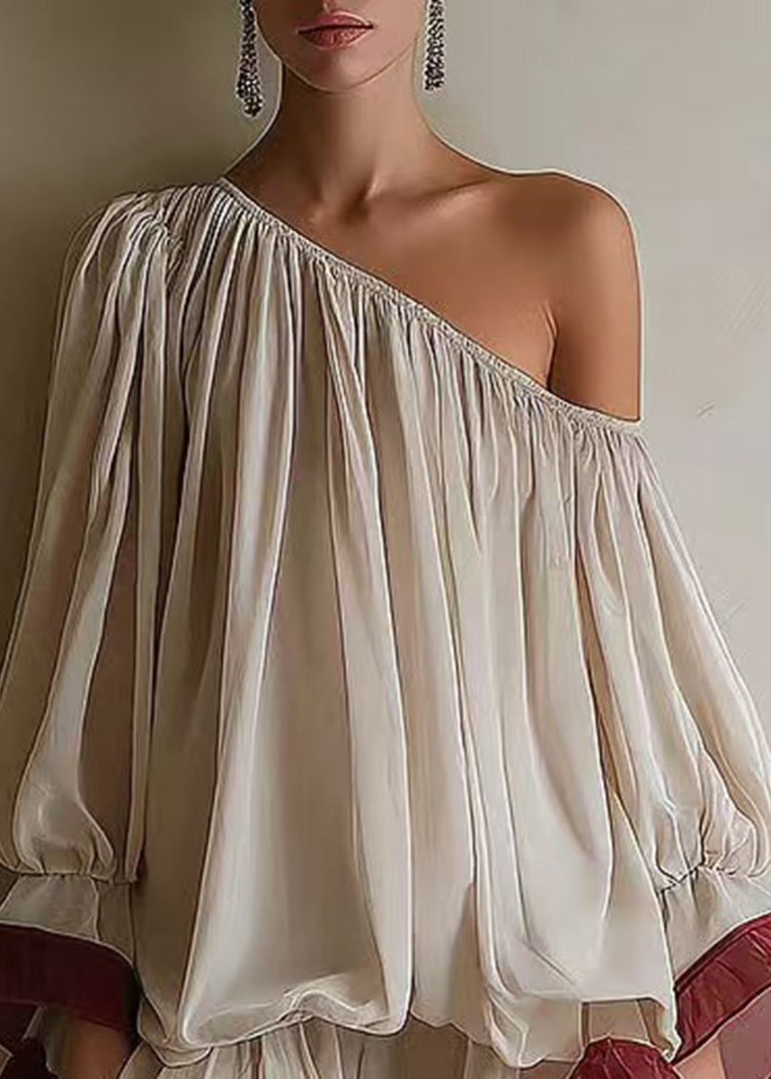 Simple Beige One Shoulder Ruffled Chiffon Mini Dress Puff Sleeve
