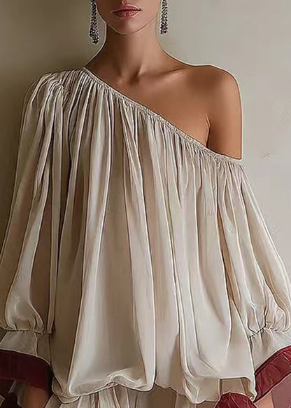 Simple Beige One Shoulder Ruffled Chiffon Mini Dress Puff Sleeve