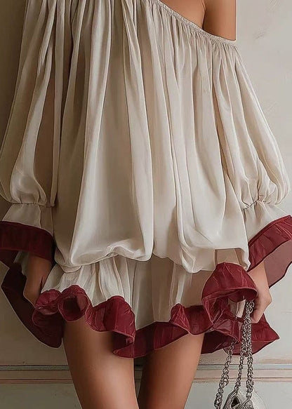 Simple Beige One Shoulder Ruffled Chiffon Mini Dress Puff Sleeve