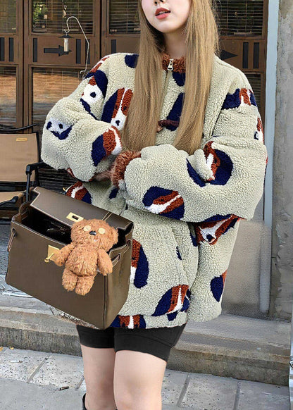 Simple Beige Oversized Jacquard Fuzzy Fur Fluffy Teddy Coats Winter