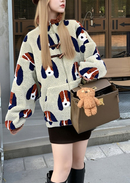 Simple Beige Oversized Jacquard Fuzzy Fur Fluffy Teddy Coats Winter