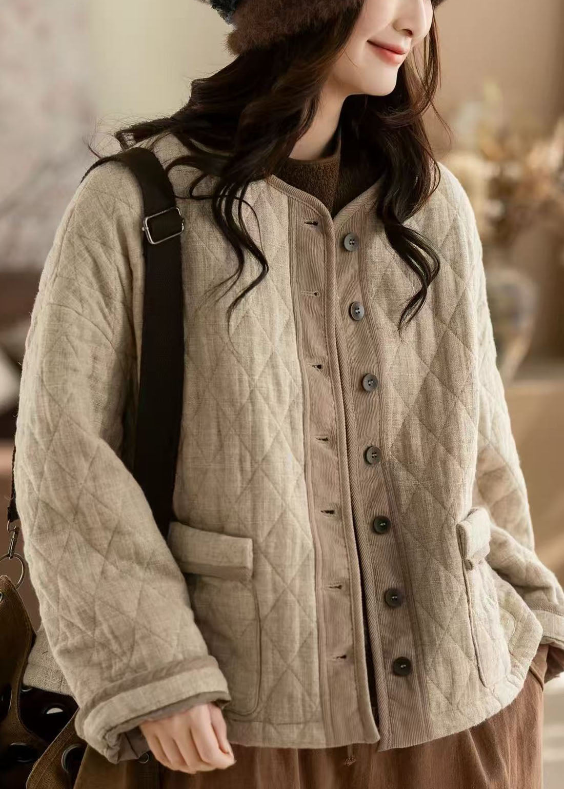 Simple Beige Oversized Pockets Fine Cotton Filled Coats Winter