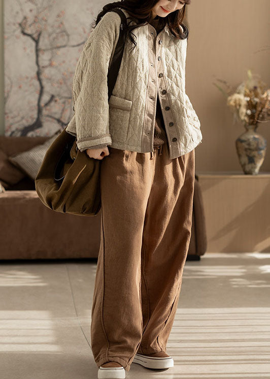 Simple Beige Oversized Pockets Fine Cotton Filled Coats Winter