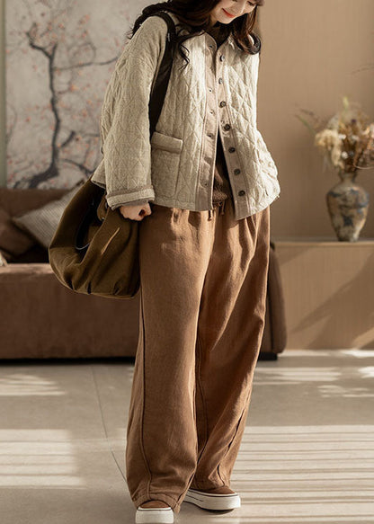 Simple Beige Oversized Pockets Fine Cotton Filled Coats Winter