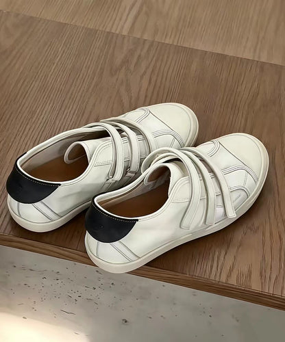 Simple Beige Round Toe Velcro Strap Faux Leather Flat Sneakers