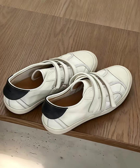 Simple Beige Round Toe Velcro Strap Faux Leather Flat Sneakers