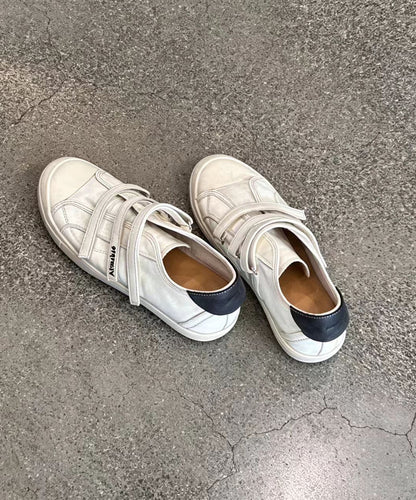 Simple Beige Round Toe Velcro Strap Faux Leather Flat Sneakers