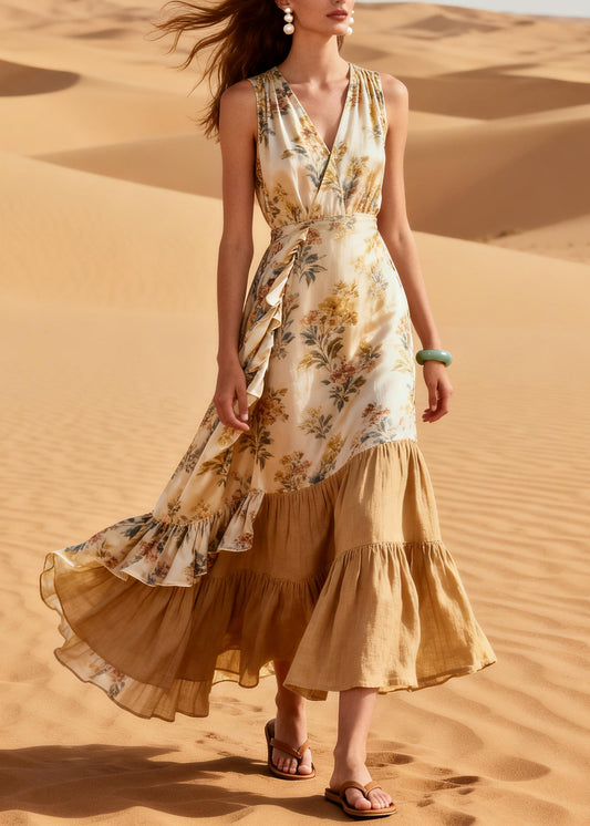Simple Beige Ruffled Patchwork Print Linen Silk Dresses Summer