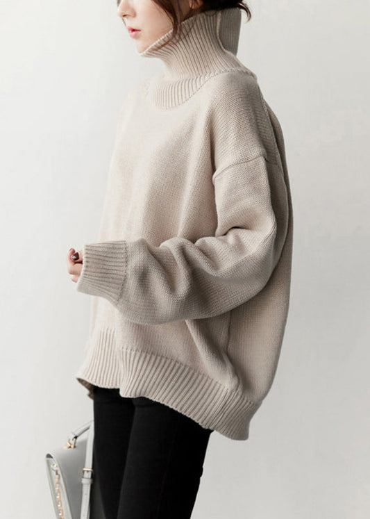 Simple Beige Turtleneck Solid Knitted Cotton Sweaters Winter