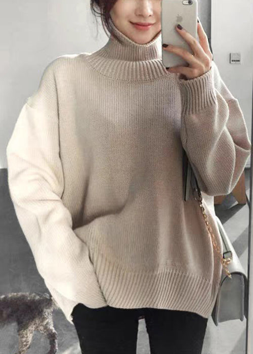 Simple Beige Turtleneck Solid Knitted Cotton Sweaters Winter