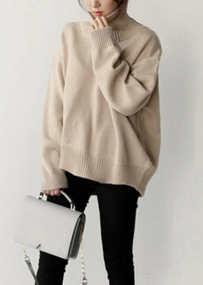 Simple Beige Turtleneck Solid Knitted Cotton Sweaters Winter