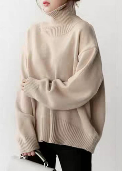 Simple Beige Turtleneck Solid Knitted Cotton Sweaters Winter