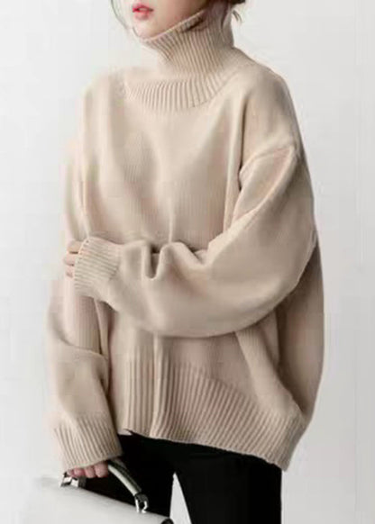 Simple Beige Turtleneck Solid Knitted Cotton Sweaters Winter