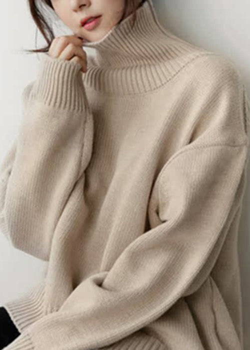 Simple Beige Turtleneck Solid Knitted Cotton Sweaters Winter