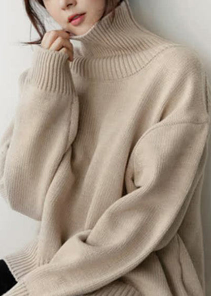 Simple Beige Turtleneck Solid Knitted Cotton Sweaters Winter