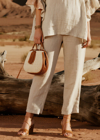 Simple Beige V Neck Patchwork Linen Two Pieces Set Butterfly Sleeve