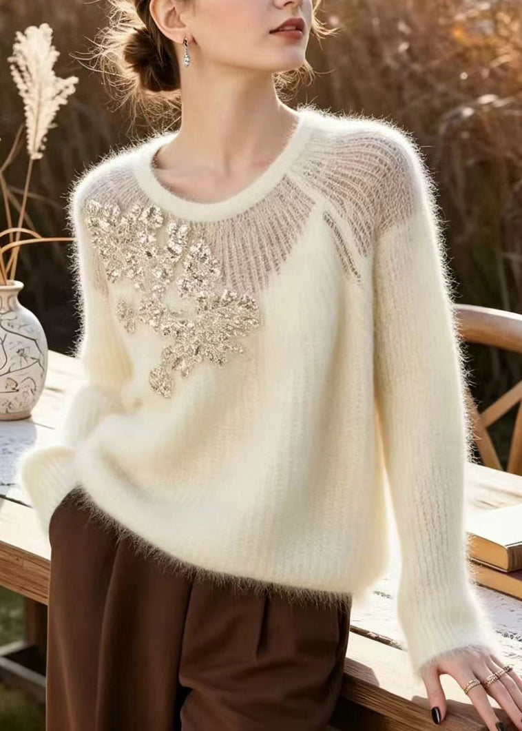 Simple Beige White Sequins Floral Knit Sweater Fall