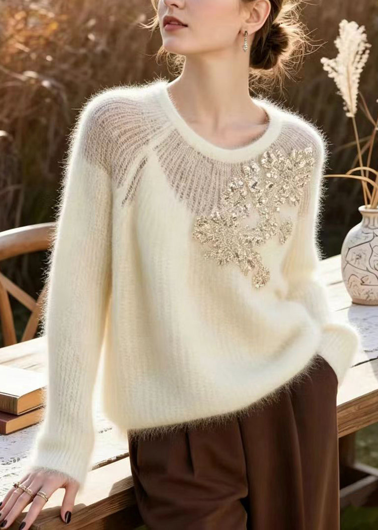 Simple Beige White Sequins Floral Knit Sweater Fall