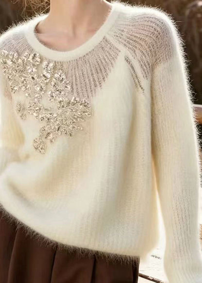 Simple Beige White Sequins Floral Knit Sweater Fall