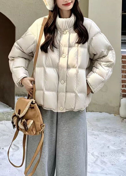 Simple Beige White Stand Collar Knit Fine Cotton Filled Puffer Jacket Winter