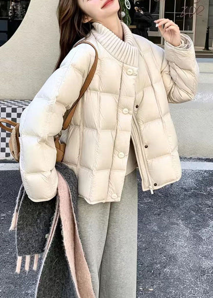 Simple Beige White Stand Collar Knit Fine Cotton Filled Puffer Jacket Winter