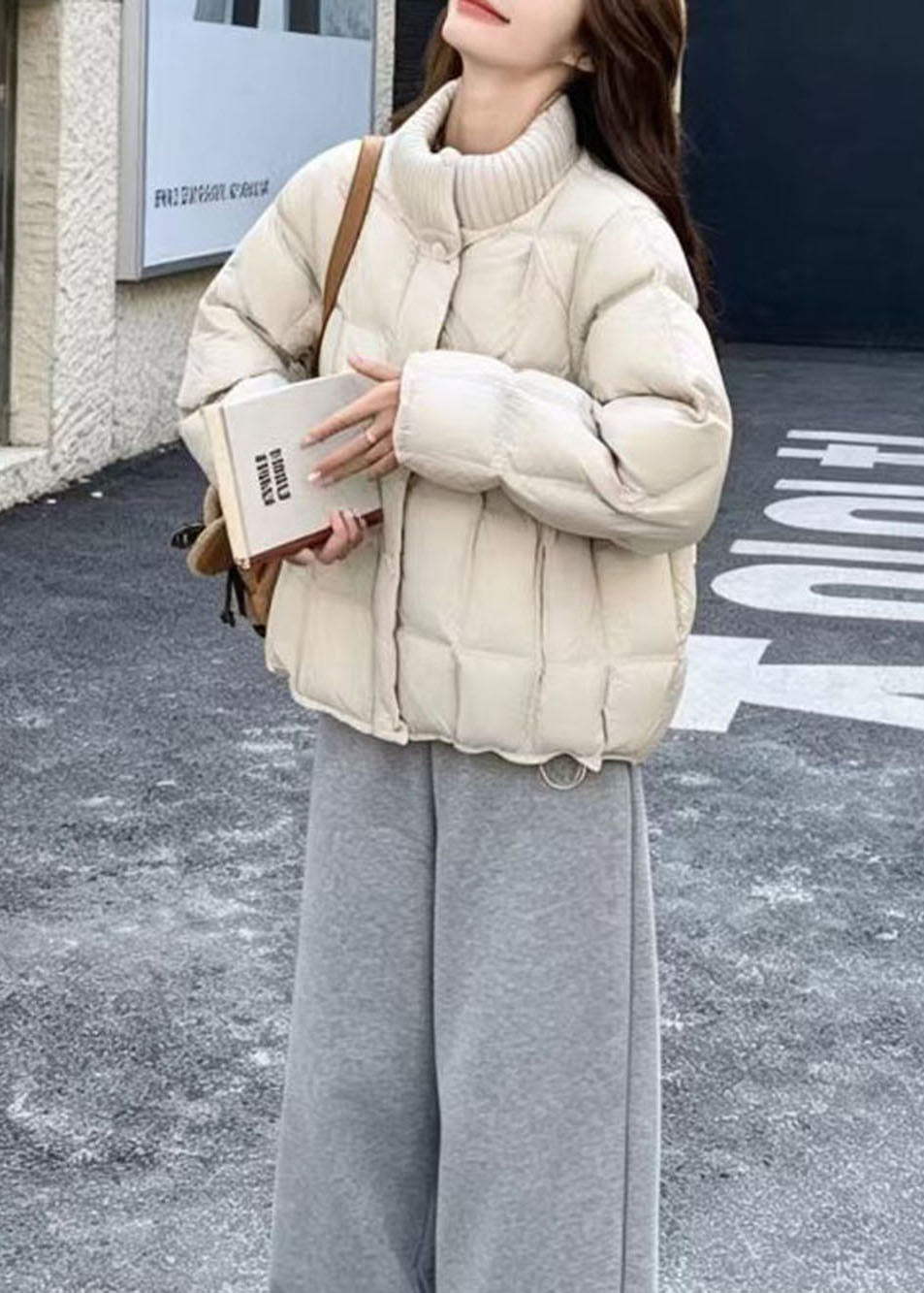 Simple Beige White Stand Collar Knit Fine Cotton Filled Puffer Jacket Winter