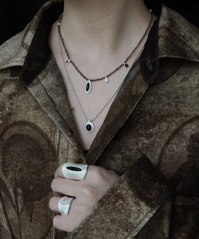 Simple Black Alloy Agate Crystal Patchwork Pendant Necklace